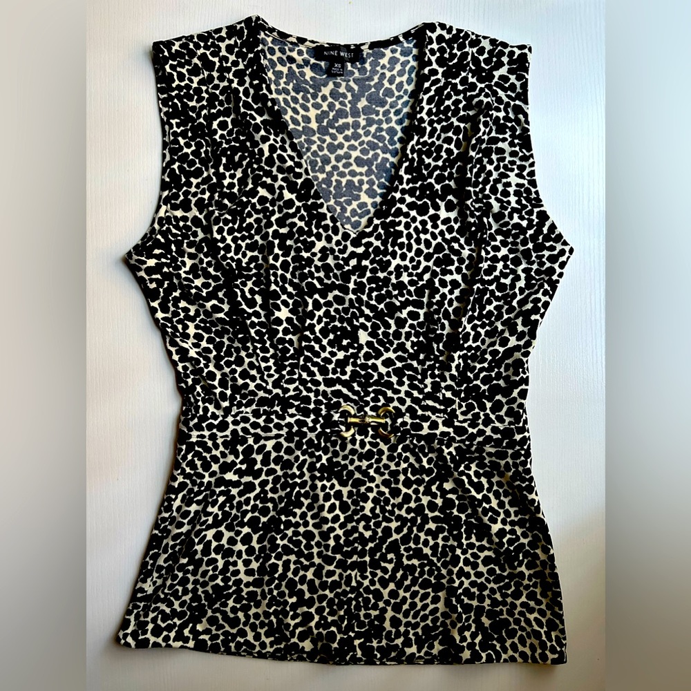 Nine West Sleeveless Animal Print Spotted Leopard Cinched Waist V-neck Top